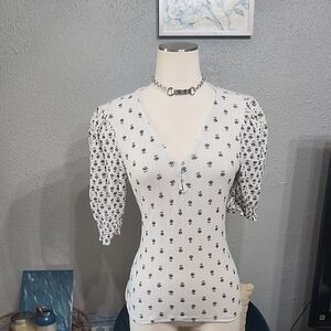 Lucky Brand White Floral Puff Sleeve Blouse